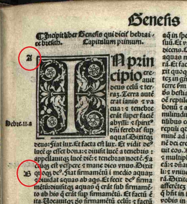 Alpha-markers in an early printed Bible. Image courtesy of the
Fisher Rare Book Library, University of Toronto.