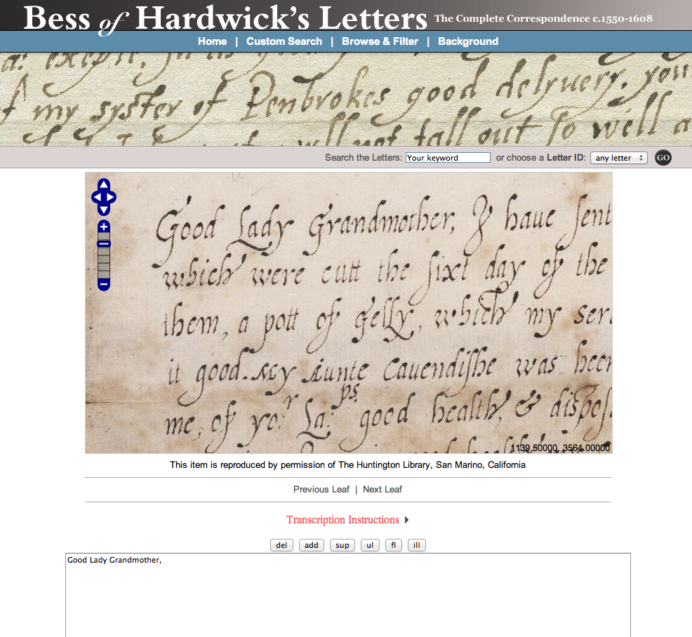  Bess of Hardwick's transcription tool (featuring Huntington Library MS HM 803). Image courtesy of Bess of Hardwick's Letters. 